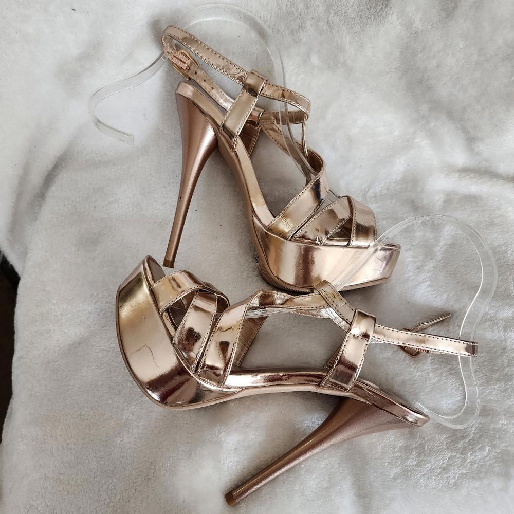 Gold Strappy Platform Stilettos, Women's 6 - Picture 5 of 8